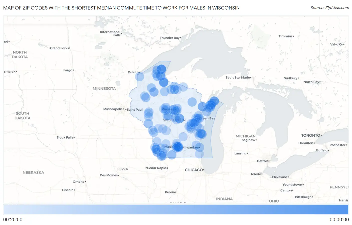 Zip Codes with the Shortest Median Commute Time to Work for Males in Wisconsin Map
