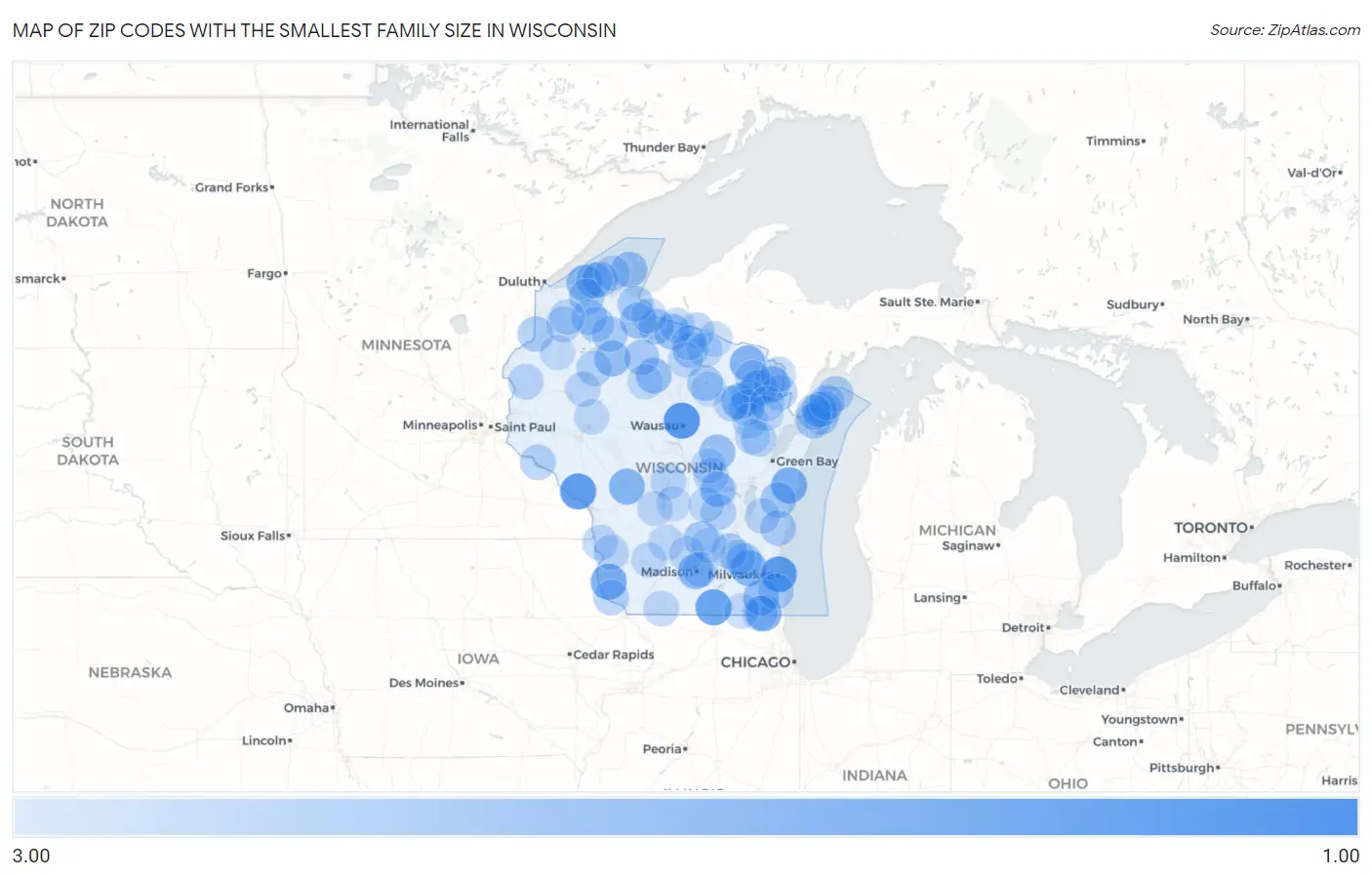 Zip Codes with the Smallest Family Size in Wisconsin Map