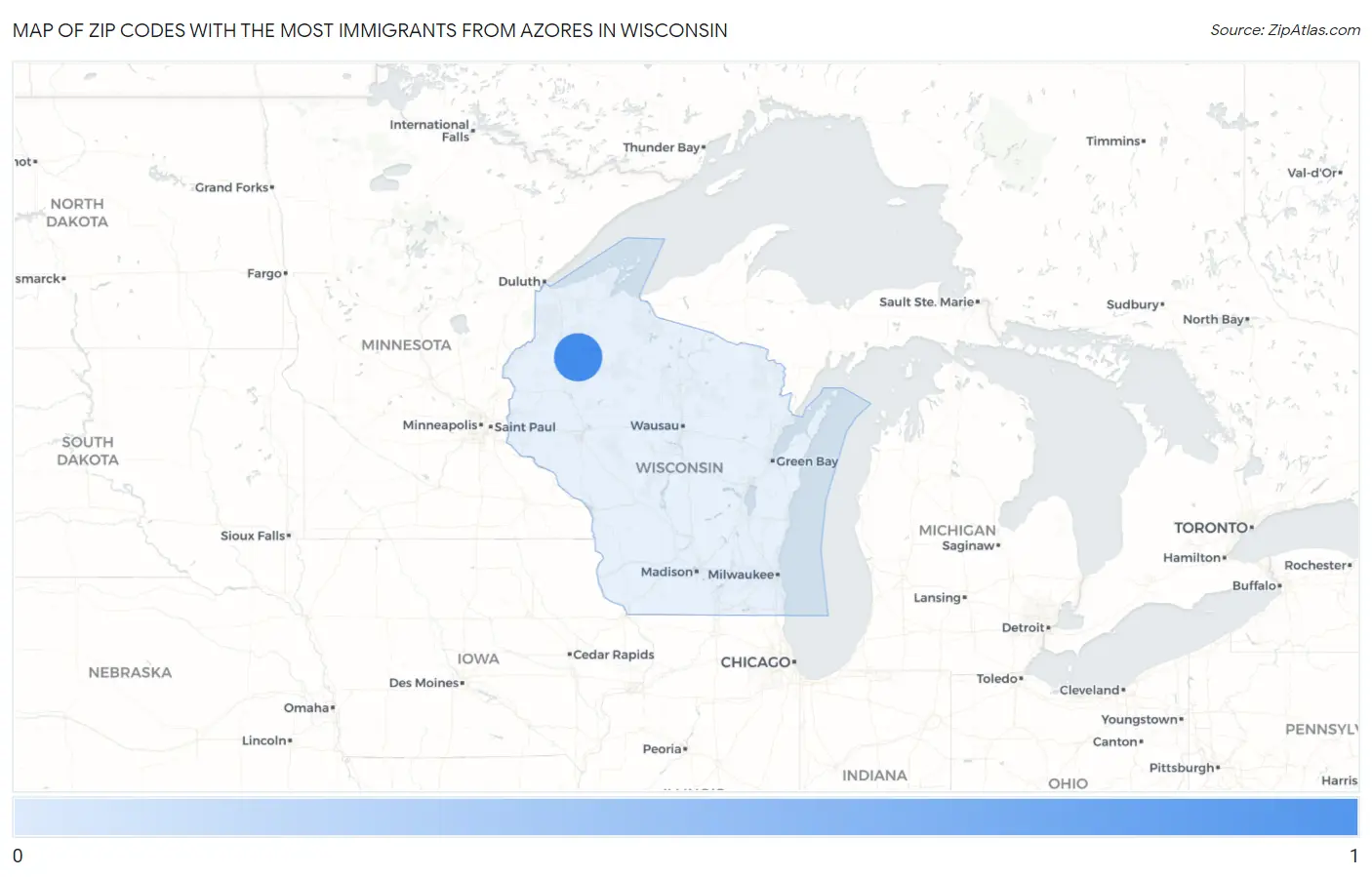 Zip Codes with the Most Immigrants from Azores in Wisconsin Map