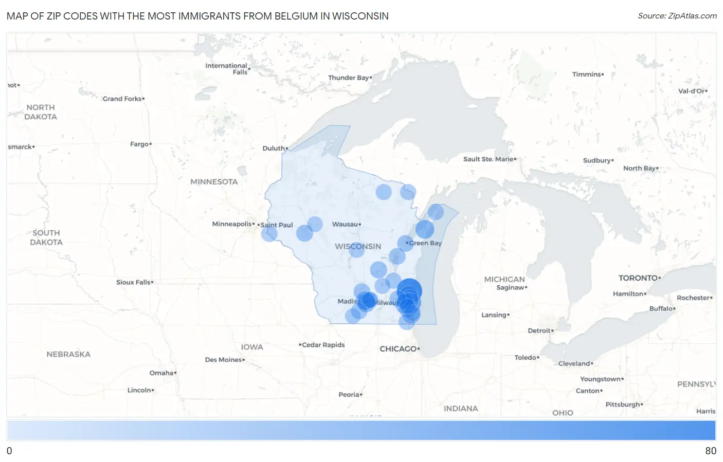 Zip Codes with the Most Immigrants from Belgium in Wisconsin Map