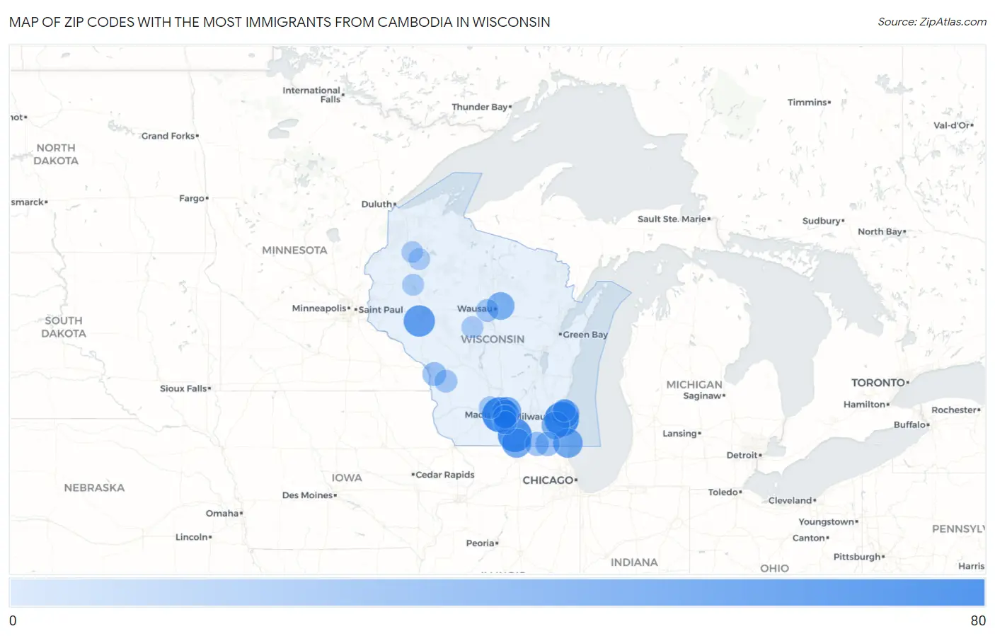 Zip Codes with the Most Immigrants from Cambodia in Wisconsin Map