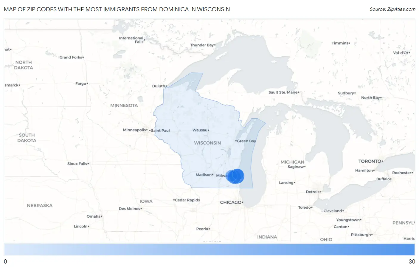 Zip Codes with the Most Immigrants from Dominica in Wisconsin Map