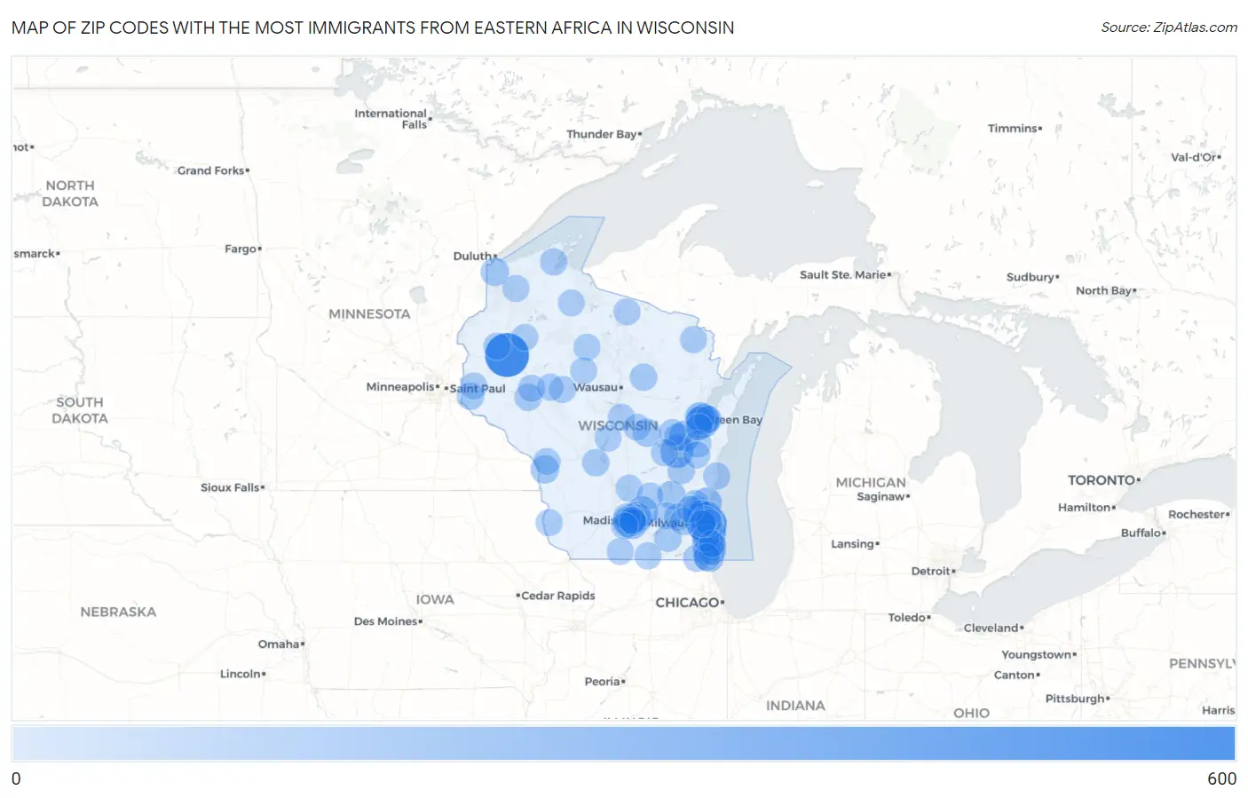 Zip Codes with the Most Immigrants from Eastern Africa in Wisconsin Map