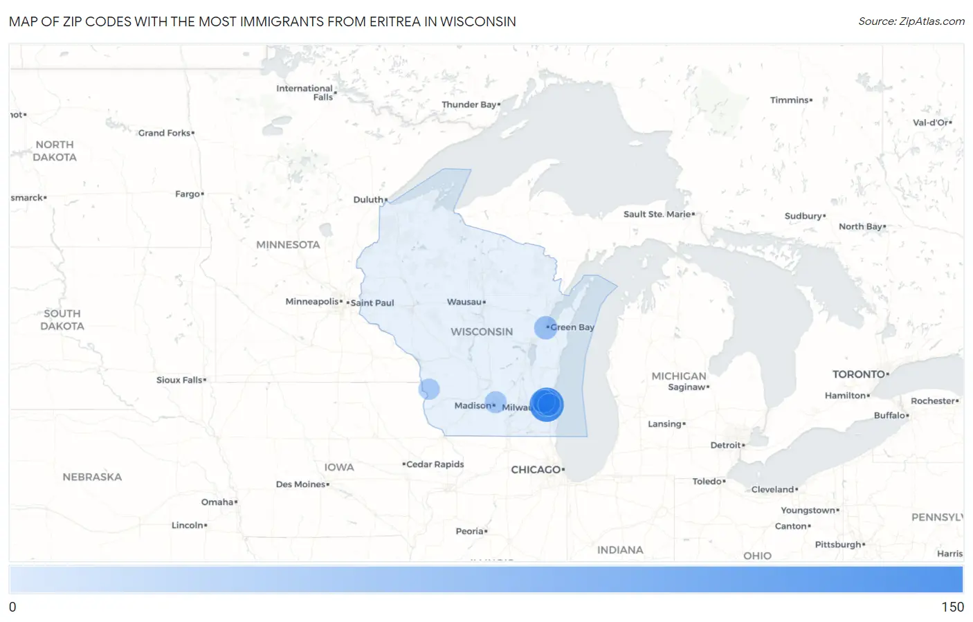 Zip Codes with the Most Immigrants from Eritrea in Wisconsin Map