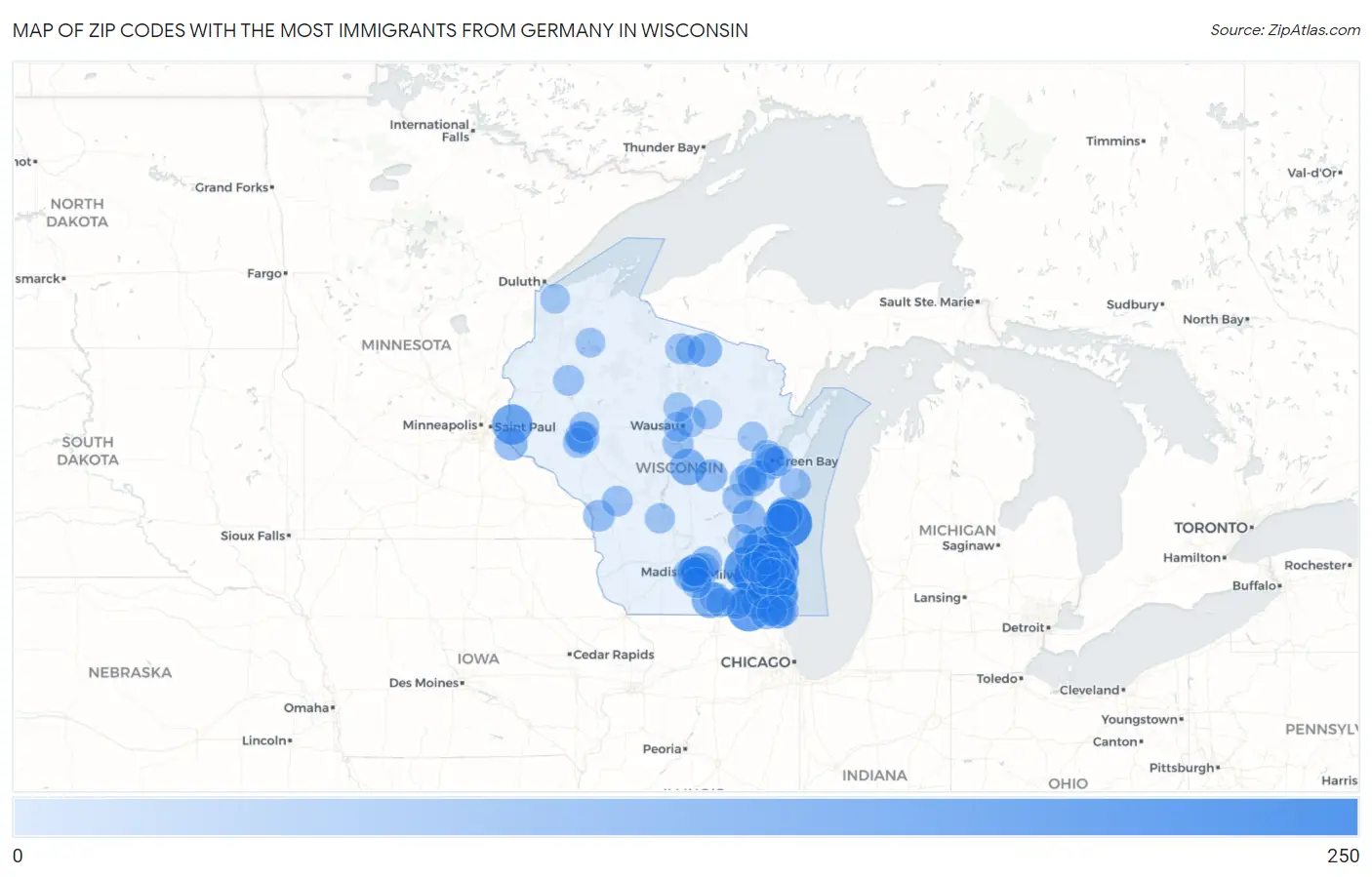 Zip Codes with the Most Immigrants from Germany in Wisconsin Map