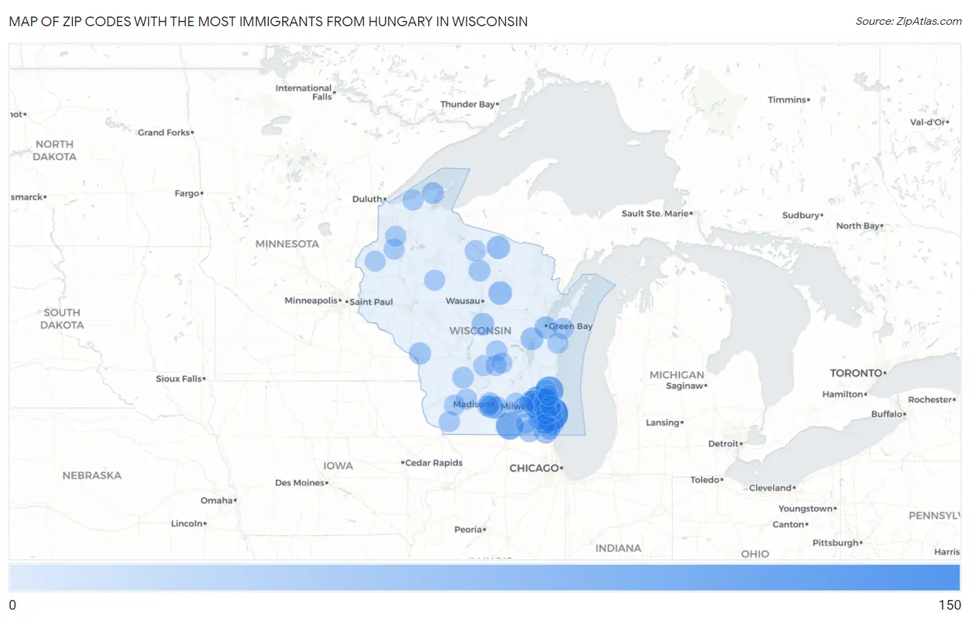 Zip Codes with the Most Immigrants from Hungary in Wisconsin Map