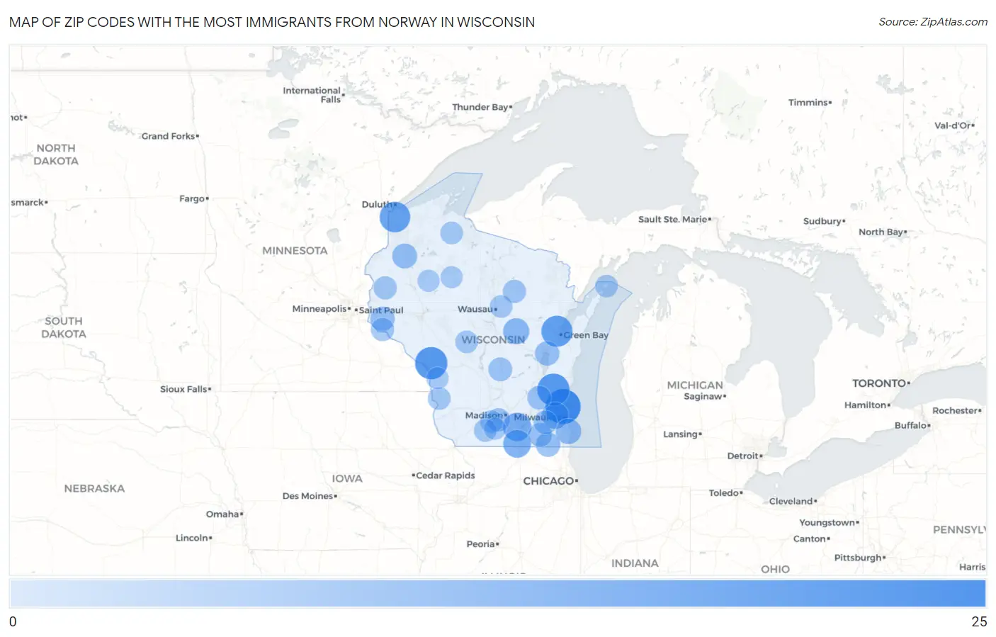 Zip Codes with the Most Immigrants from Norway in Wisconsin Map