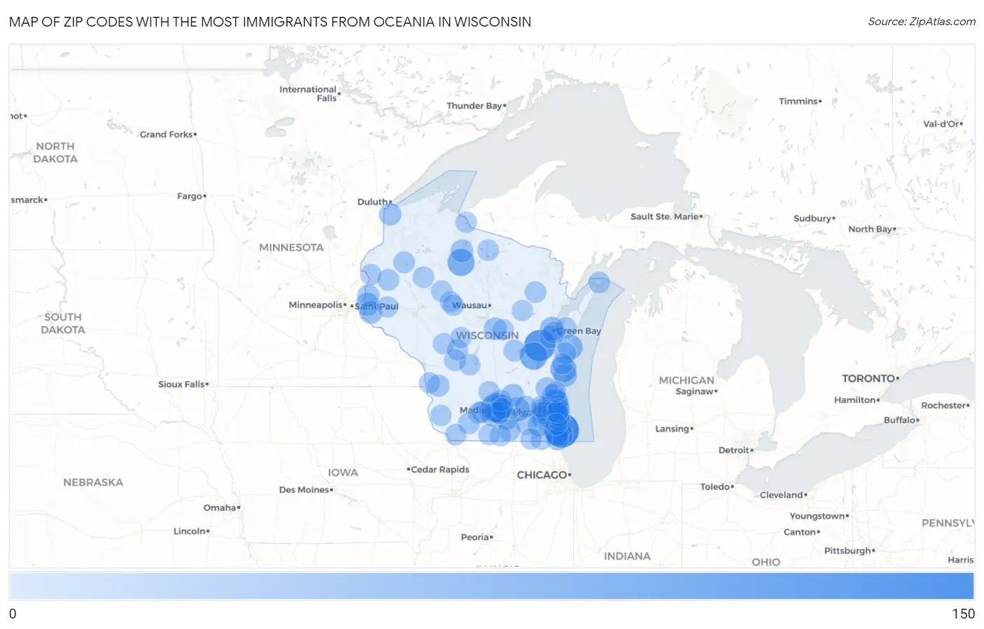 Zip Codes with the Most Immigrants from Oceania in Wisconsin Map
