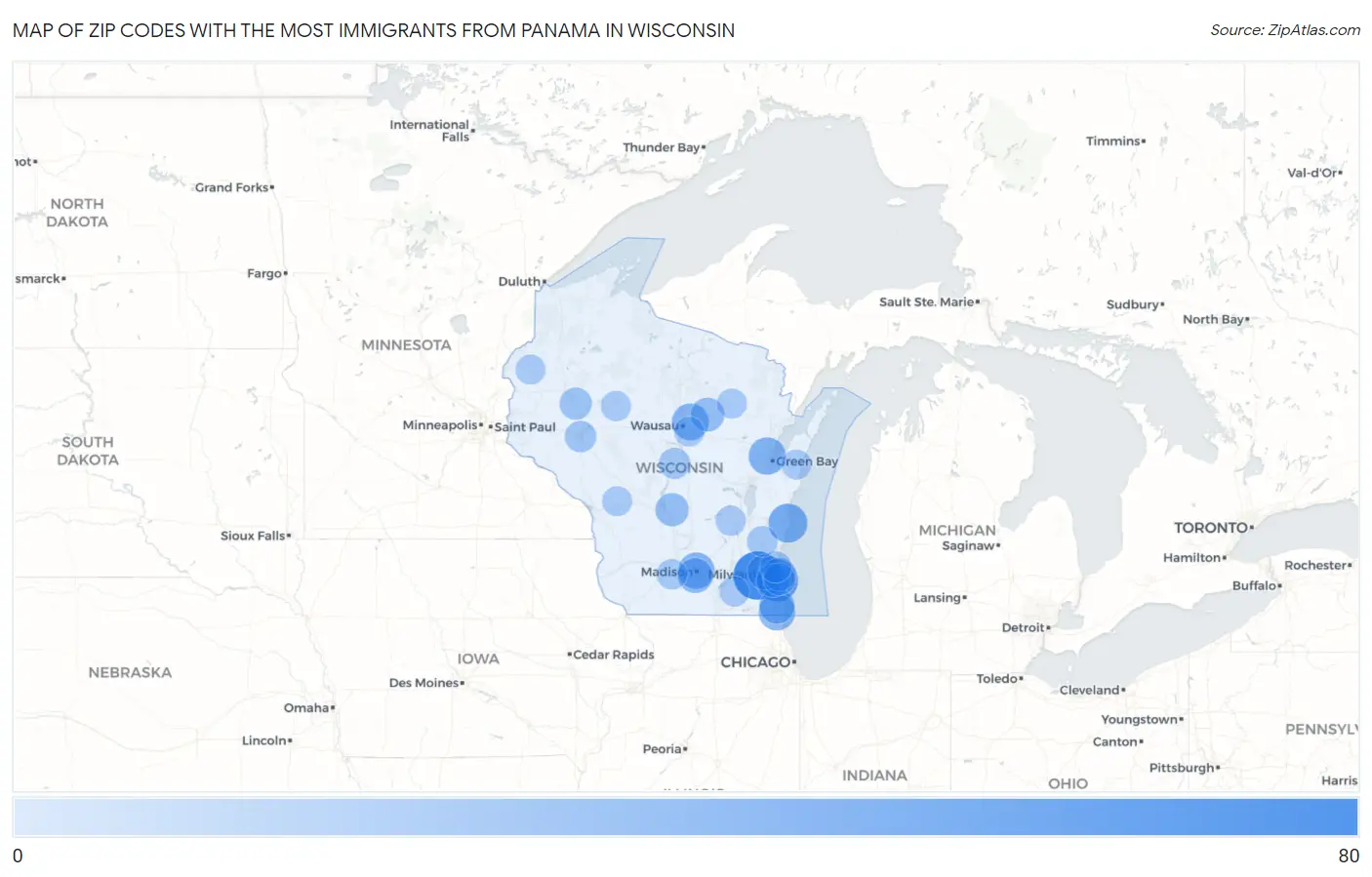 Zip Codes with the Most Immigrants from Panama in Wisconsin Map