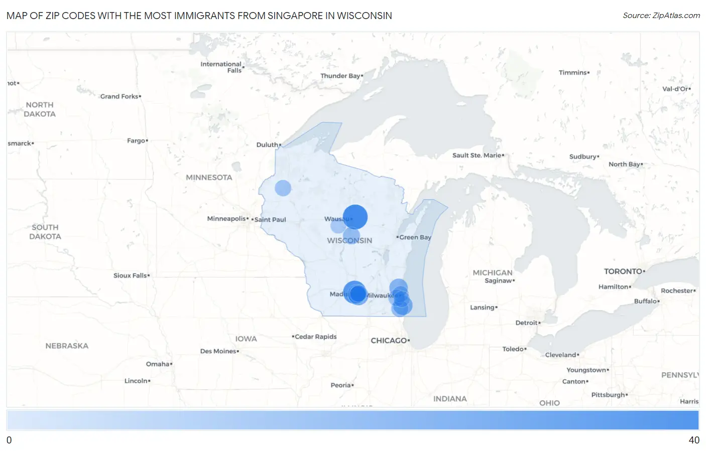 Zip Codes with the Most Immigrants from Singapore in Wisconsin Map