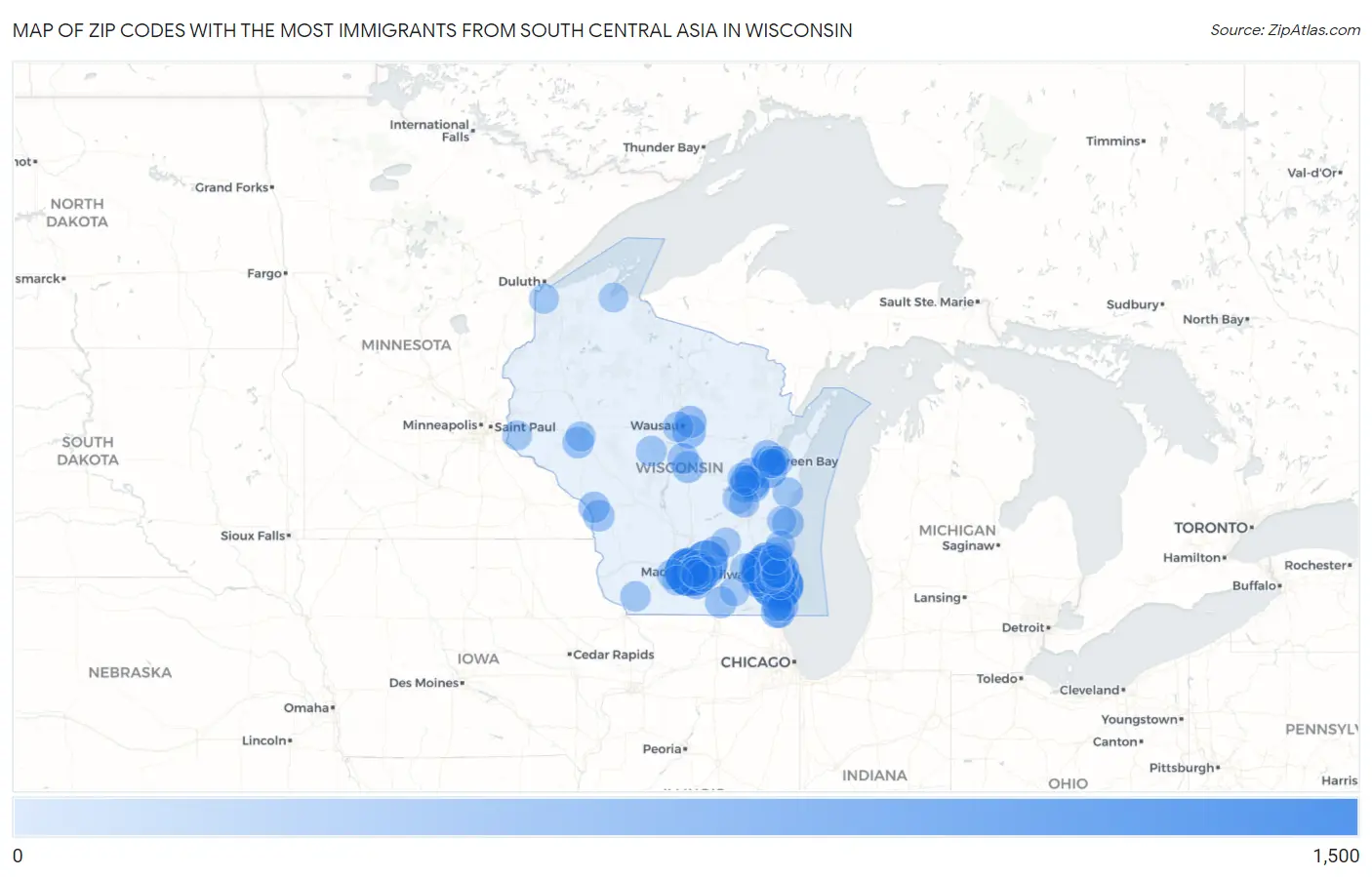 Zip Codes with the Most Immigrants from South Central Asia in Wisconsin Map
