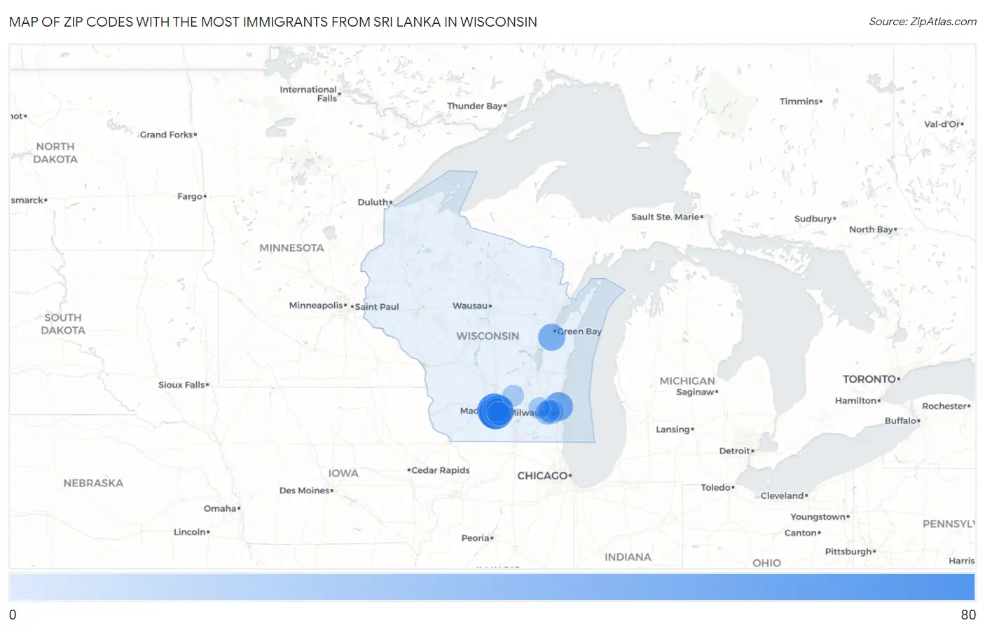 Zip Codes with the Most Immigrants from Sri Lanka in Wisconsin Map