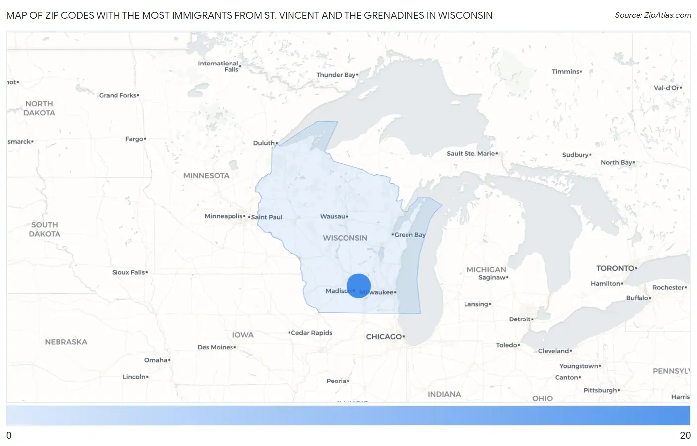 Zip Codes with the Most Immigrants from St. Vincent and the Grenadines in Wisconsin Map