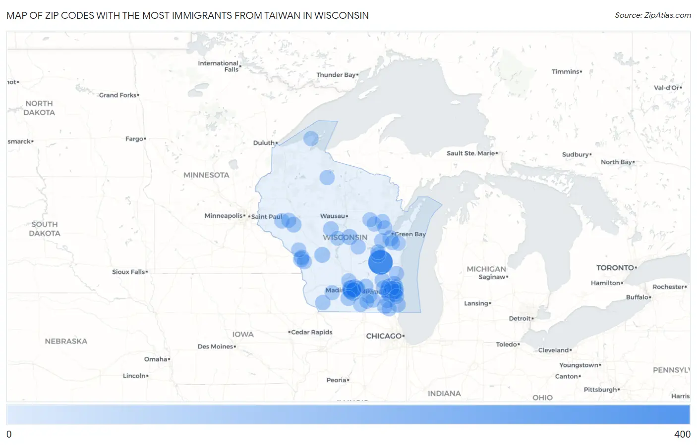 Zip Codes with the Most Immigrants from Taiwan in Wisconsin Map