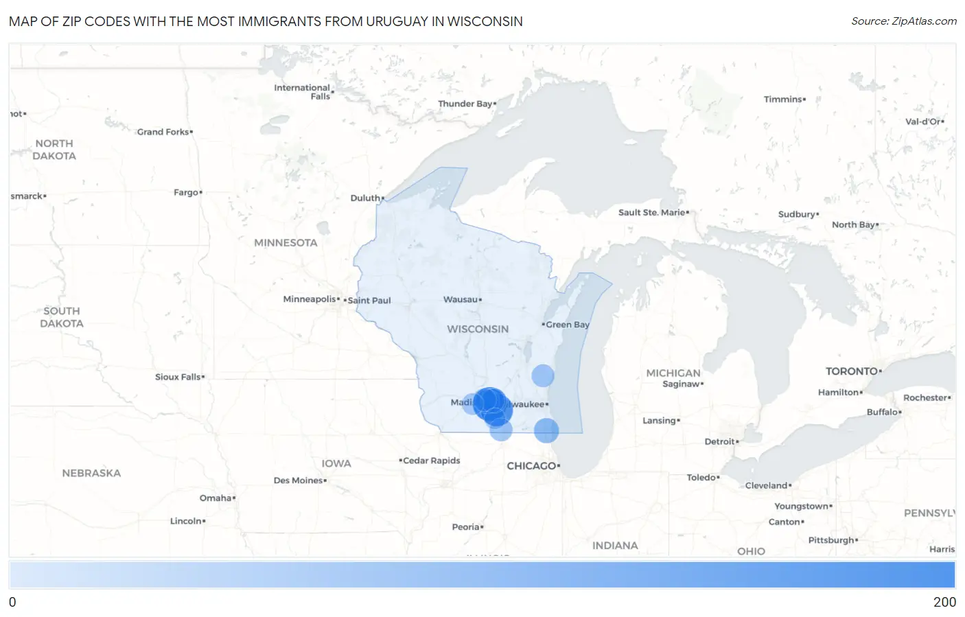 Zip Codes with the Most Immigrants from Uruguay in Wisconsin Map