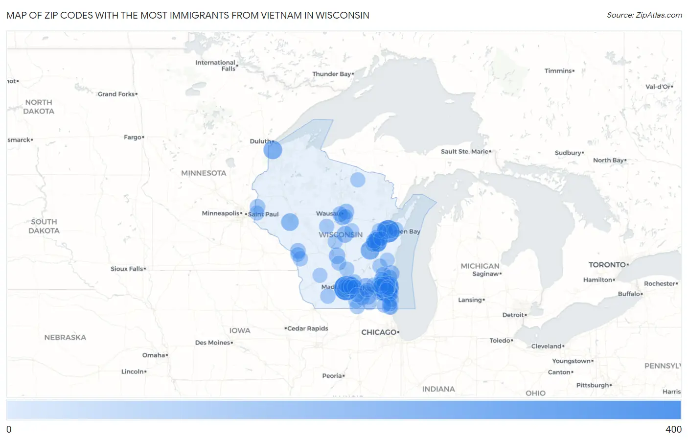 Zip Codes with the Most Immigrants from Vietnam in Wisconsin Map
