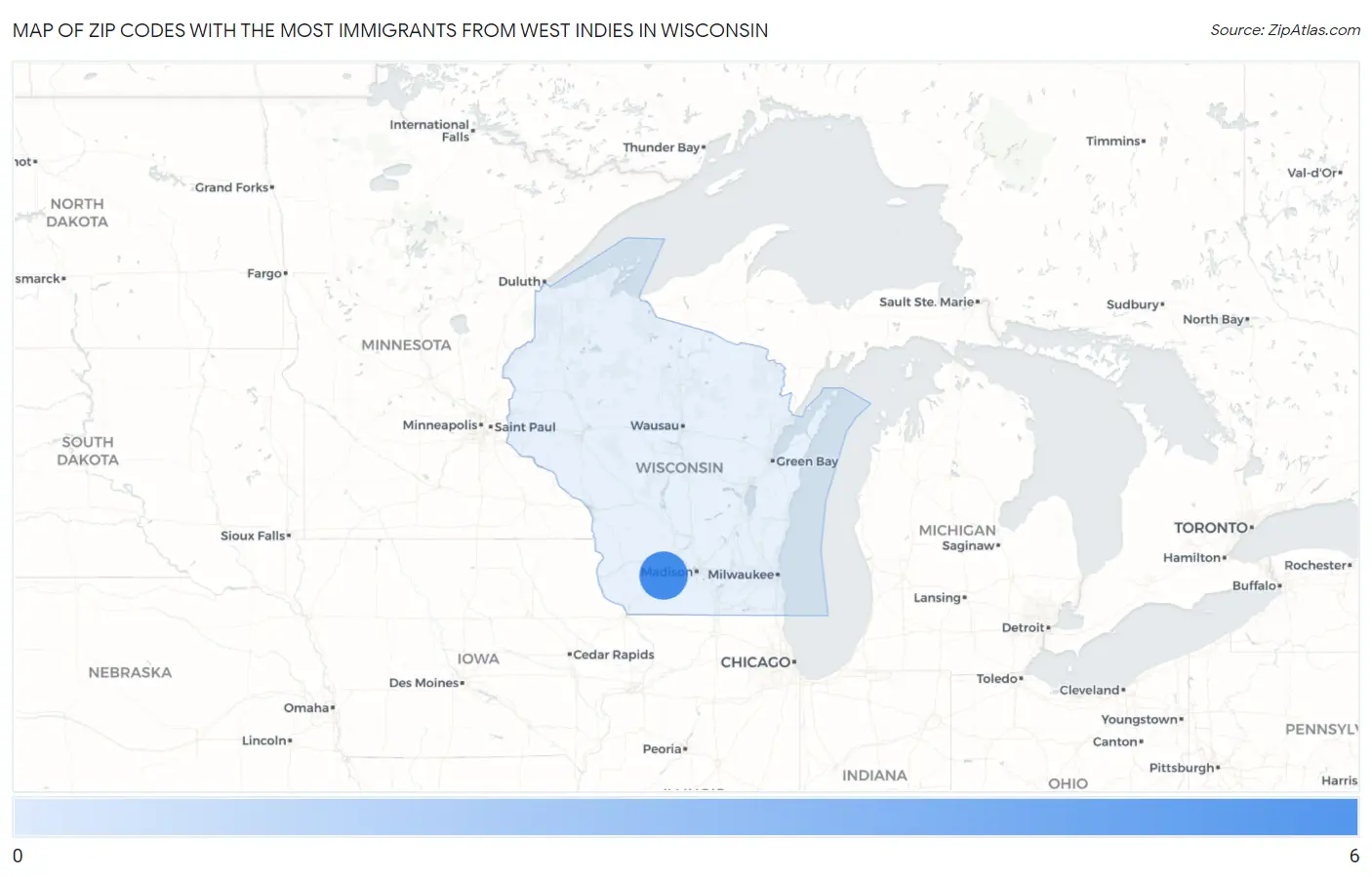 Zip Codes with the Most Immigrants from West Indies in Wisconsin Map