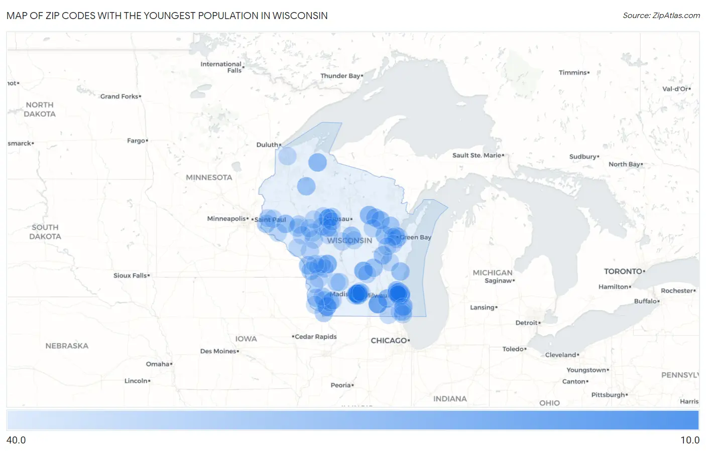 Zip Codes with the Youngest Population in Wisconsin Map