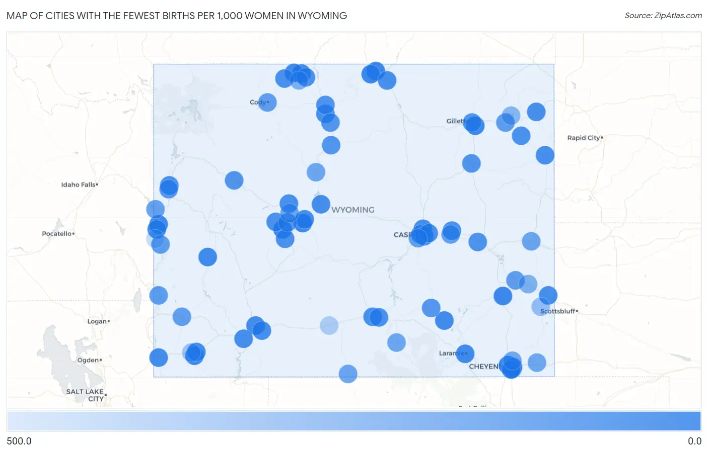 Cities with the Fewest Births per 1,000 Women in Wyoming Map