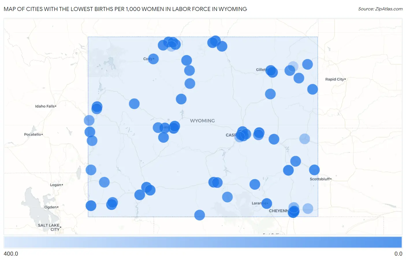 Cities with the Lowest Births per 1,000 Women in Labor Force in Wyoming Map
