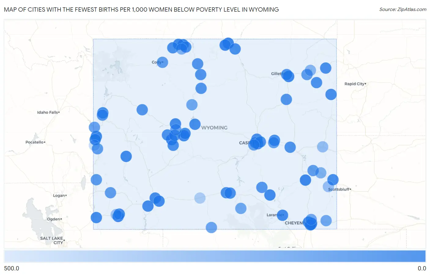 Cities with the Fewest Births per 1,000 Women Below Poverty Level in Wyoming Map