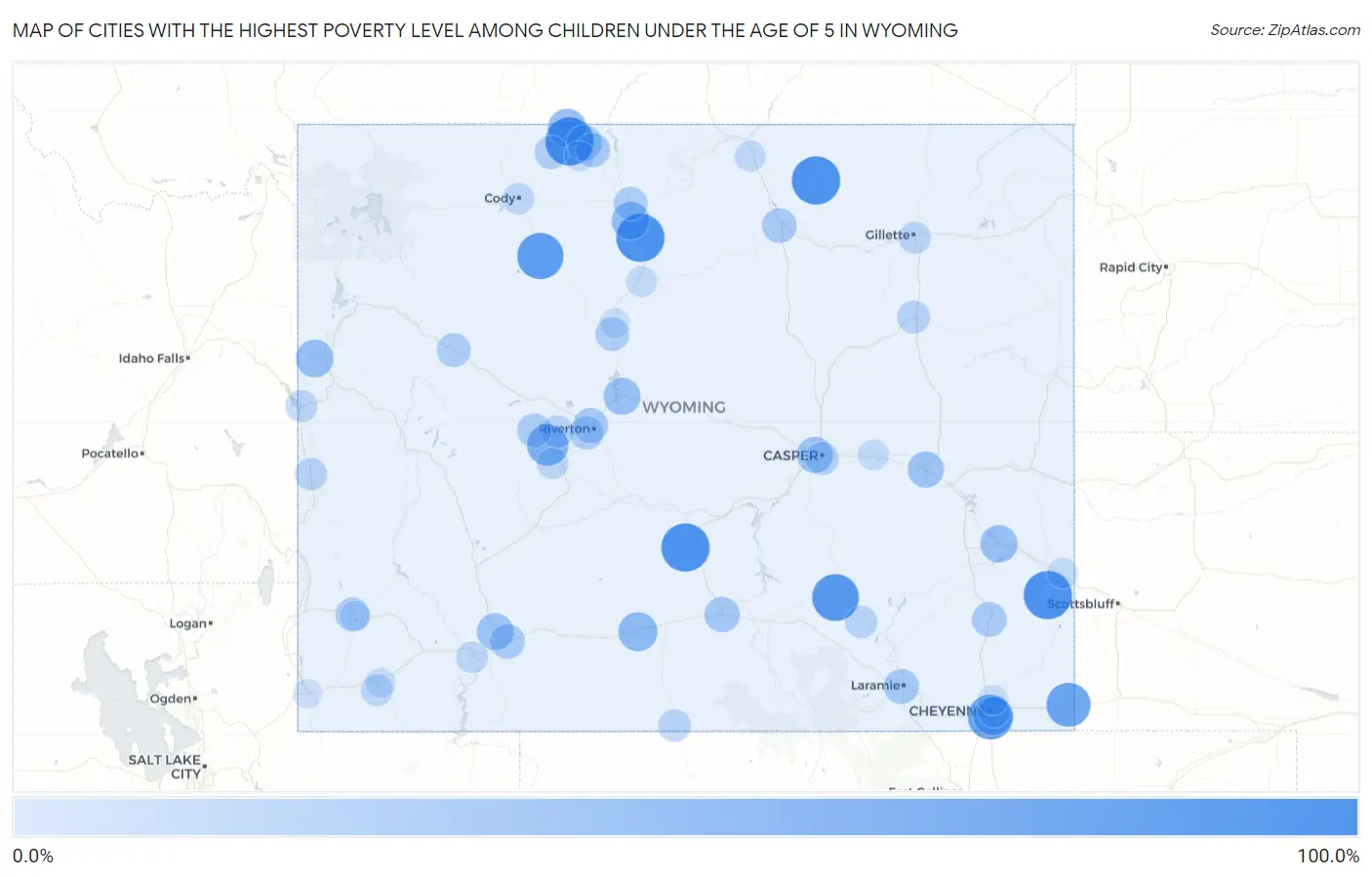 Cities with the Highest Poverty Level Among Children Under the Age of 5 in Wyoming Map
