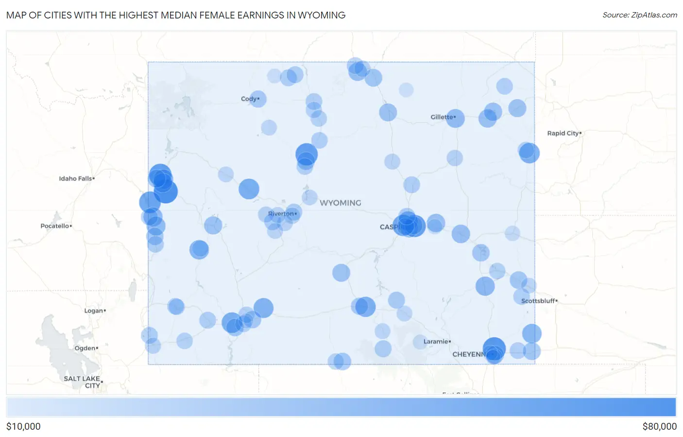 Cities with the Highest Median Female Earnings in Wyoming Map