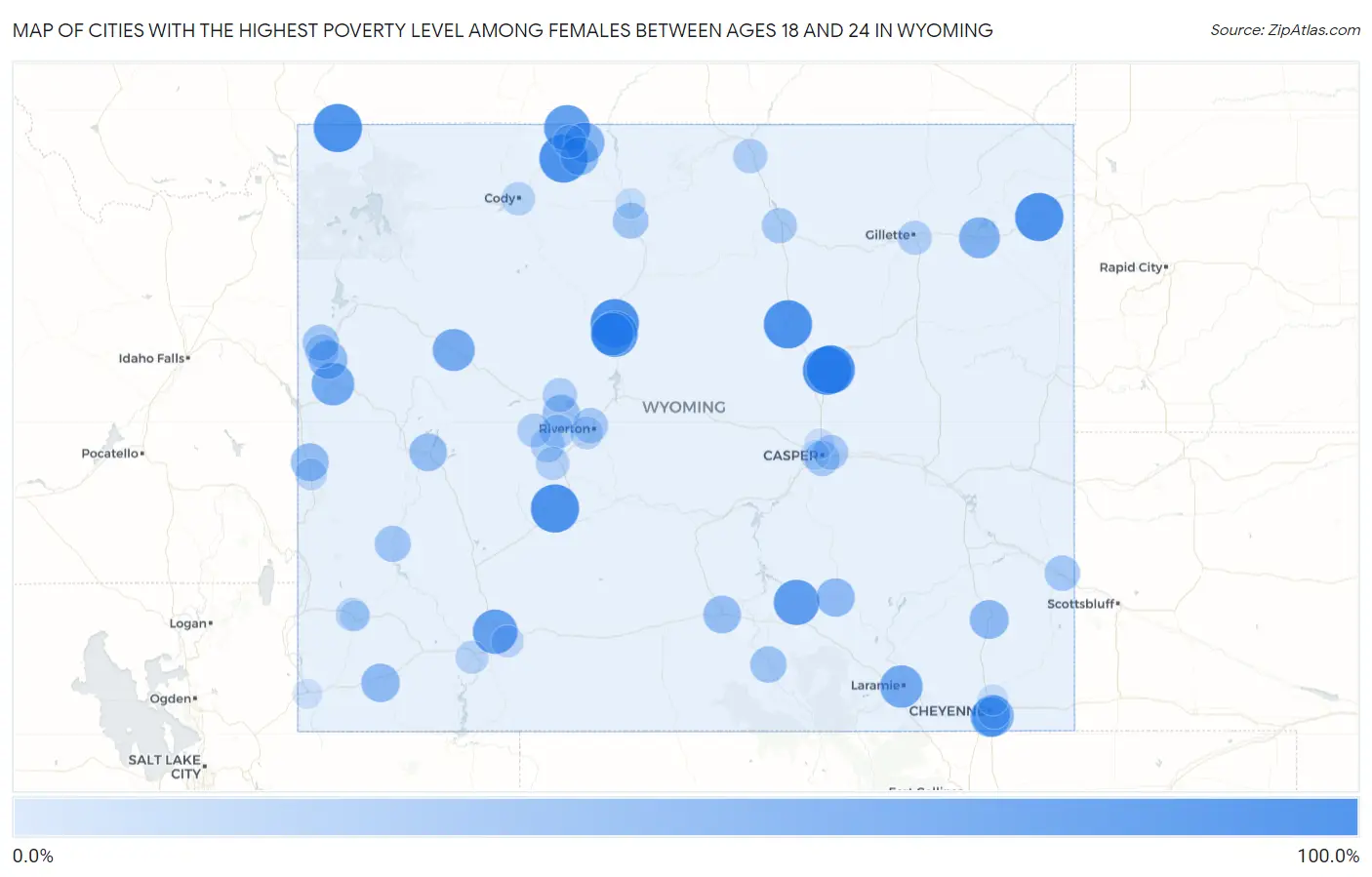 Cities with the Highest Poverty Level Among Females Between Ages 18 and 24 in Wyoming Map