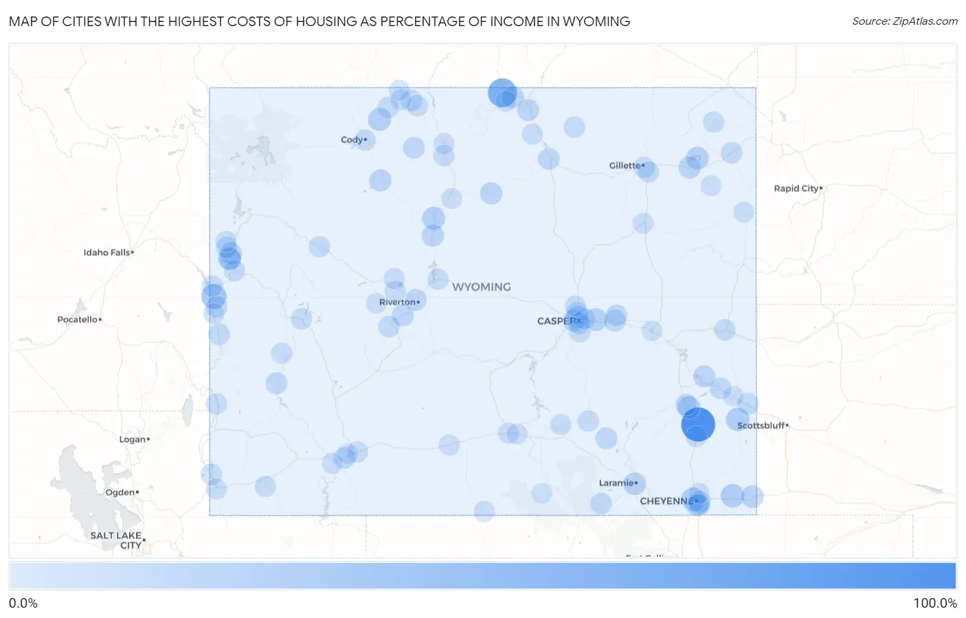 Cities with the Highest Costs of Housing as Percentage of Income in Wyoming Map
