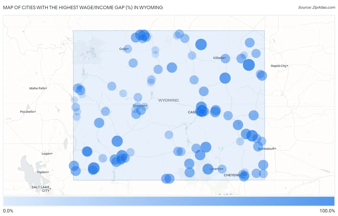 Cities with the Highest Wage/Income Gap (%) in Wyoming Map