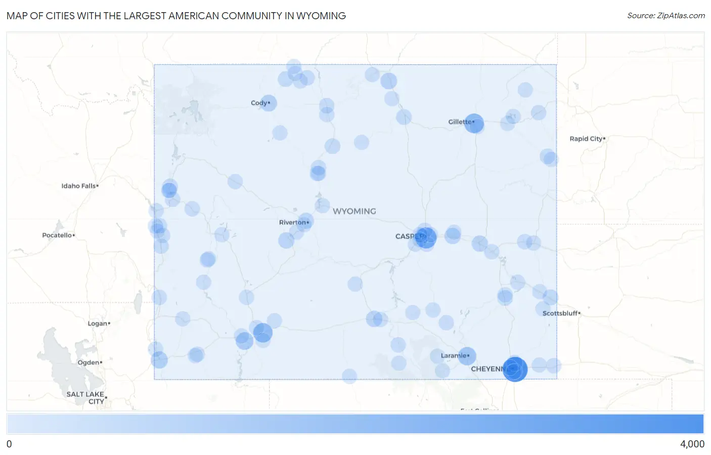 Cities with the Largest American Community in Wyoming Map