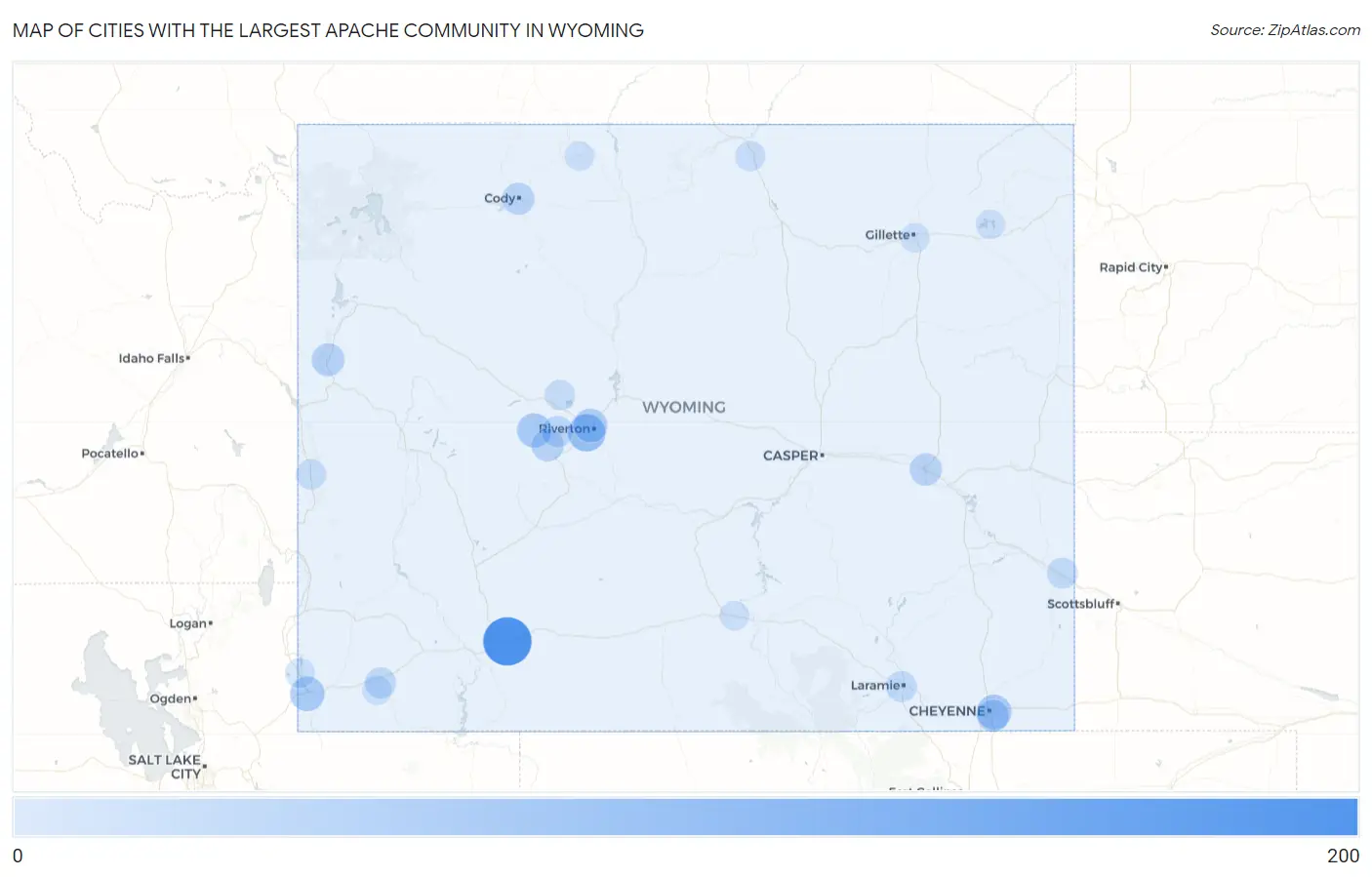 Cities with the Largest Apache Community in Wyoming Map