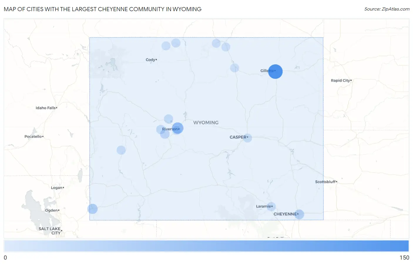 Cities with the Largest Cheyenne Community in Wyoming Map