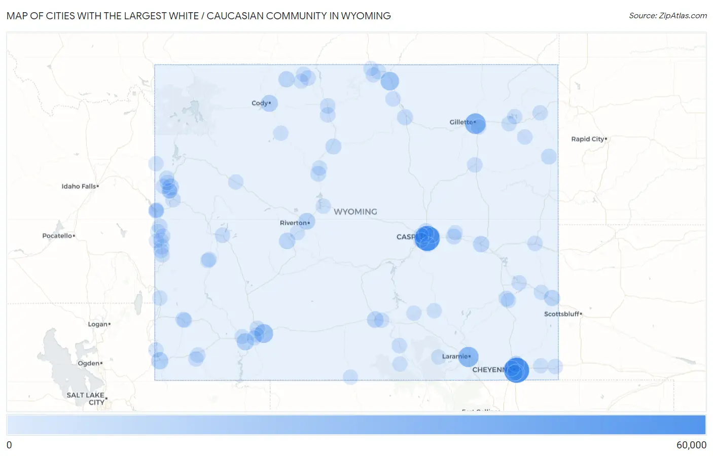 Cities with the Largest White / Caucasian Community in Wyoming Map
