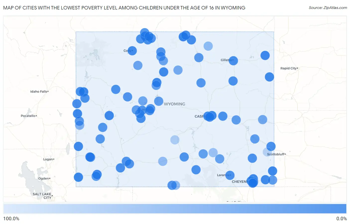 Cities with the Lowest Poverty Level Among Children Under the Age of 16 in Wyoming Map