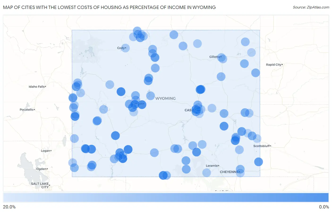 Cities with the Lowest Costs of Housing as Percentage of Income in Wyoming Map