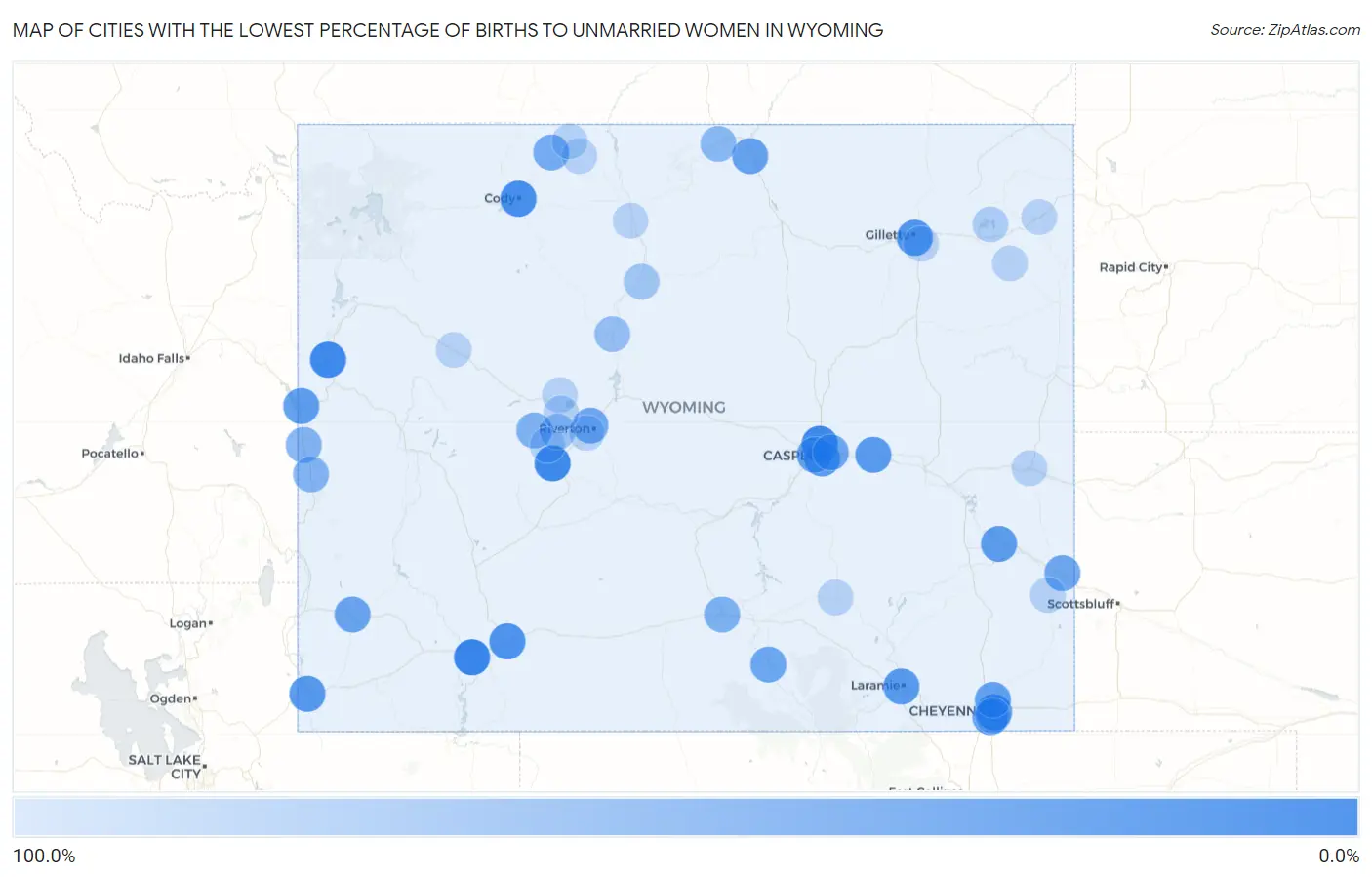 Cities with the Lowest Percentage of Births to Unmarried Women in Wyoming Map