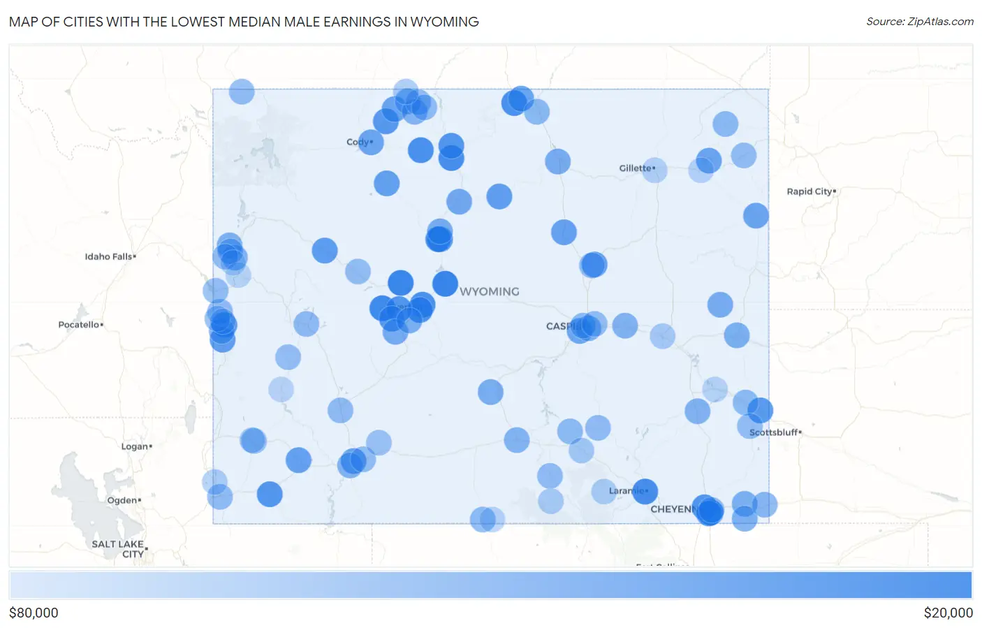 Cities with the Lowest Median Male Earnings in Wyoming Map