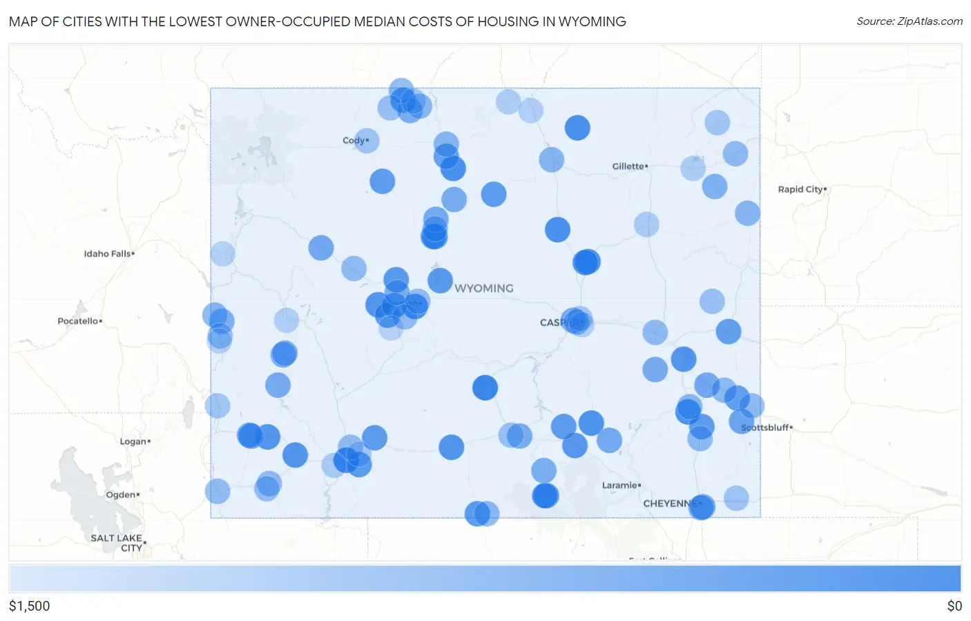 Cities with the Lowest Owner-Occupied Median Costs of Housing in Wyoming Map