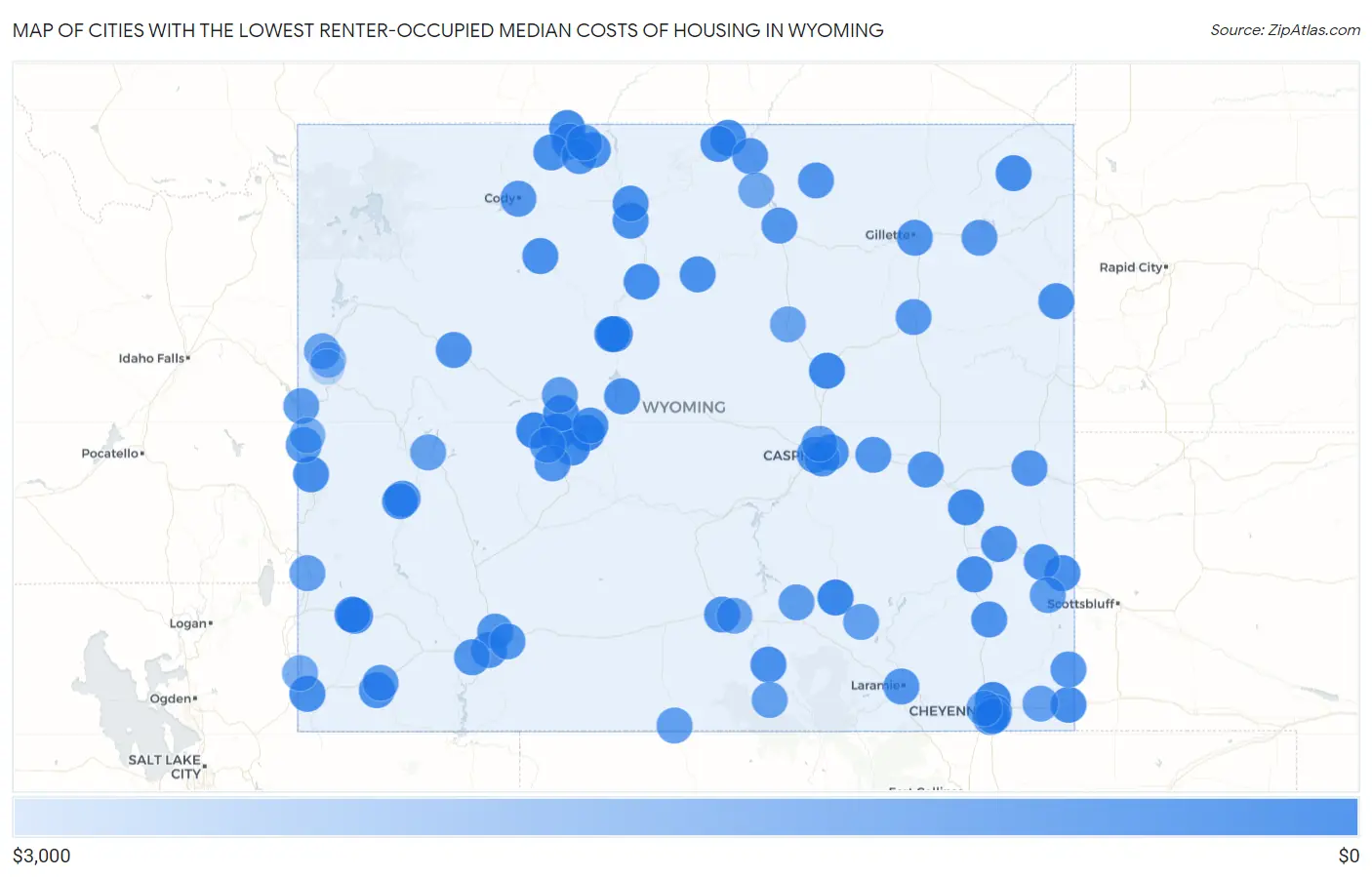 Cities with the Lowest Renter-Occupied Median Costs of Housing in Wyoming Map