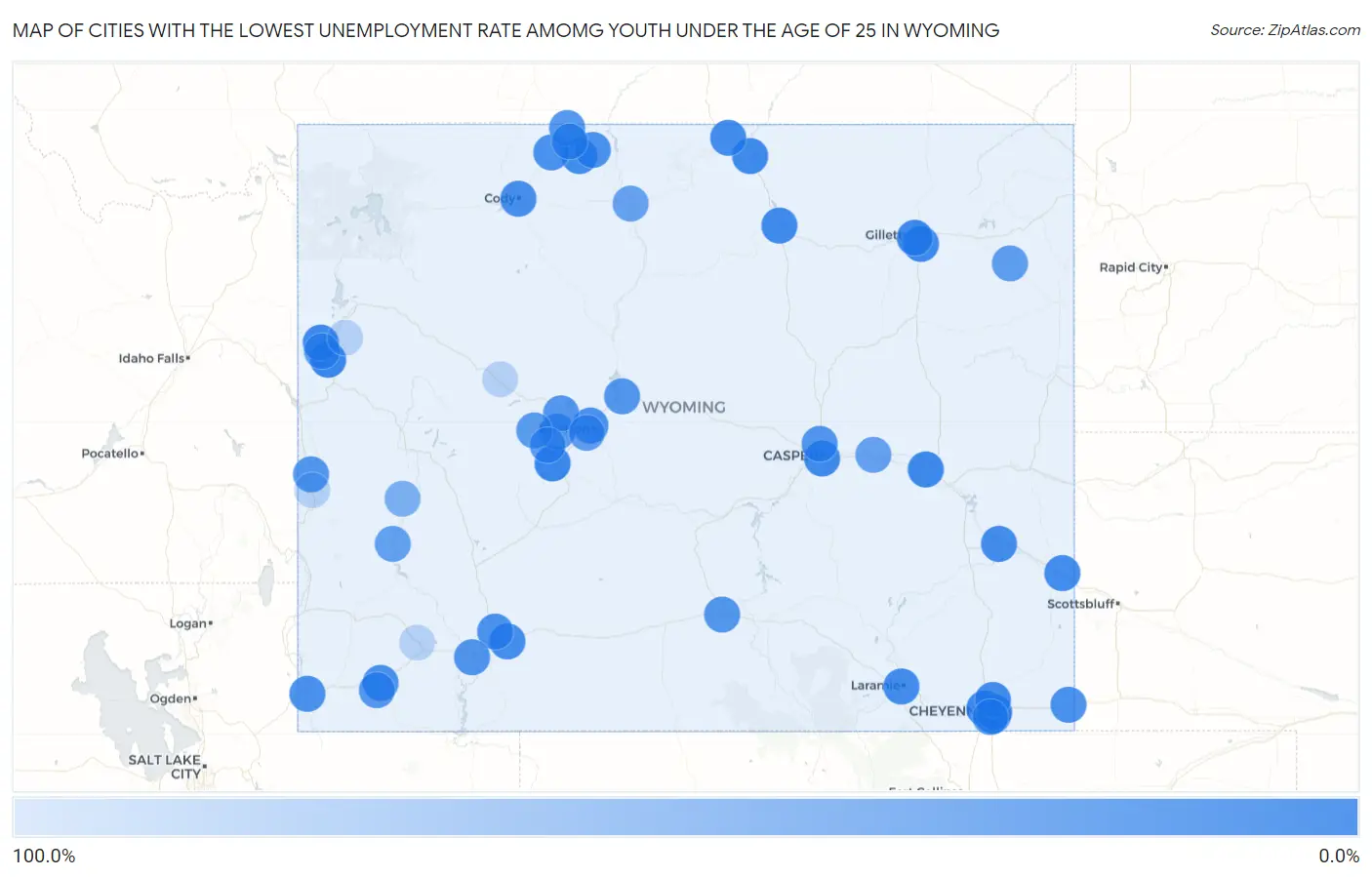 Cities with the Lowest Unemployment Rate Amomg Youth Under the Age of 25 in Wyoming Map