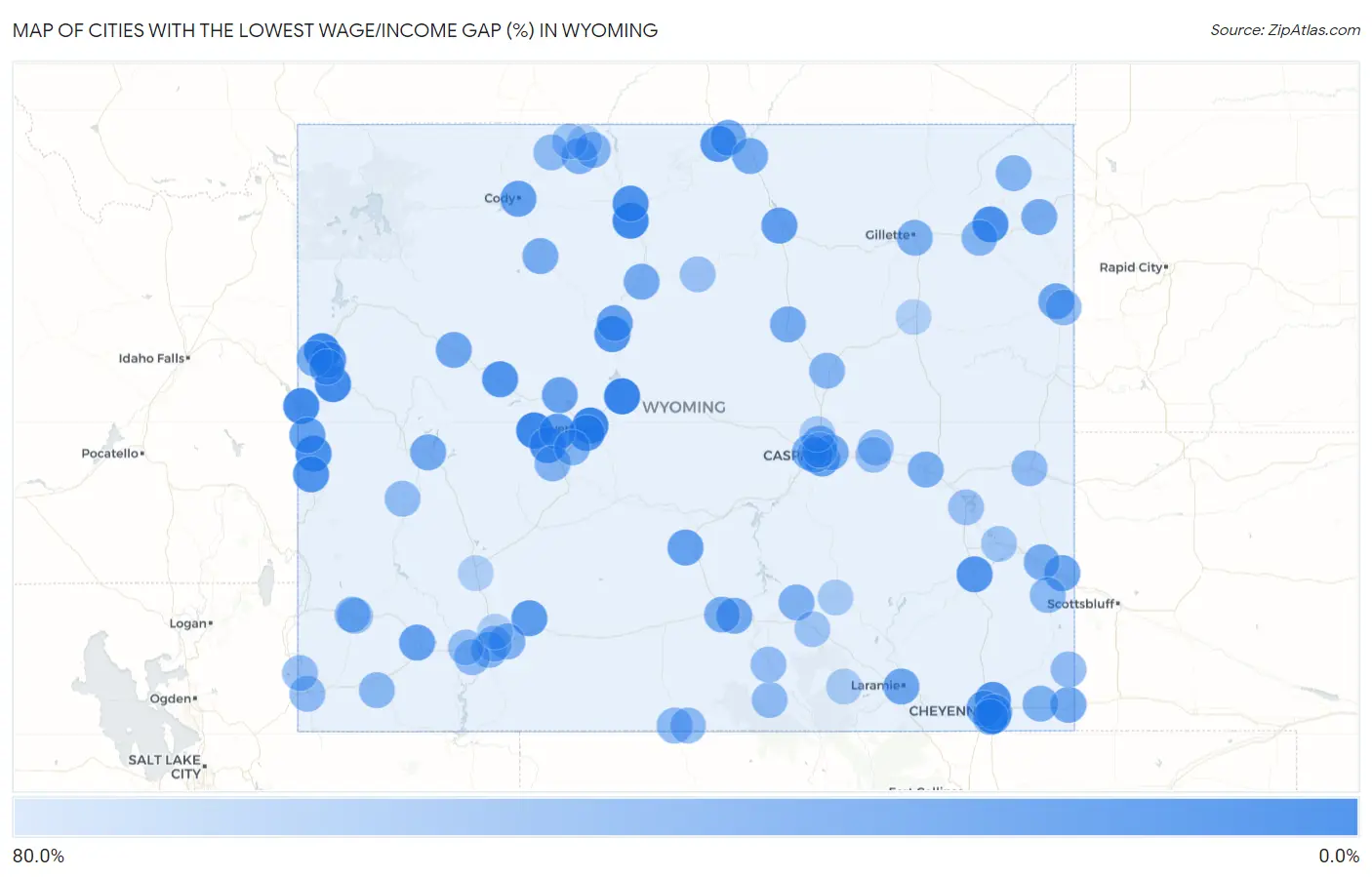 Cities with the Lowest Wage/Income Gap (%) in Wyoming Map