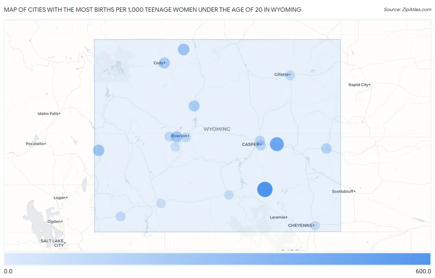 Cities with the Most Births per 1,000 Teenage Women Under the Age of 20 in Wyoming Map
