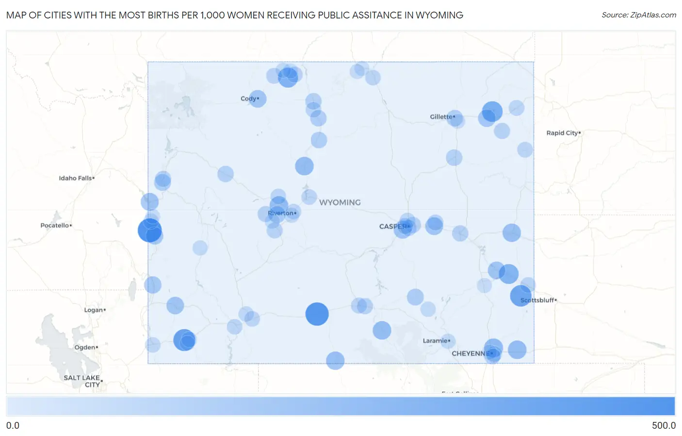 Cities with the Most Births per 1,000 Women Receiving Public Assitance in Wyoming Map