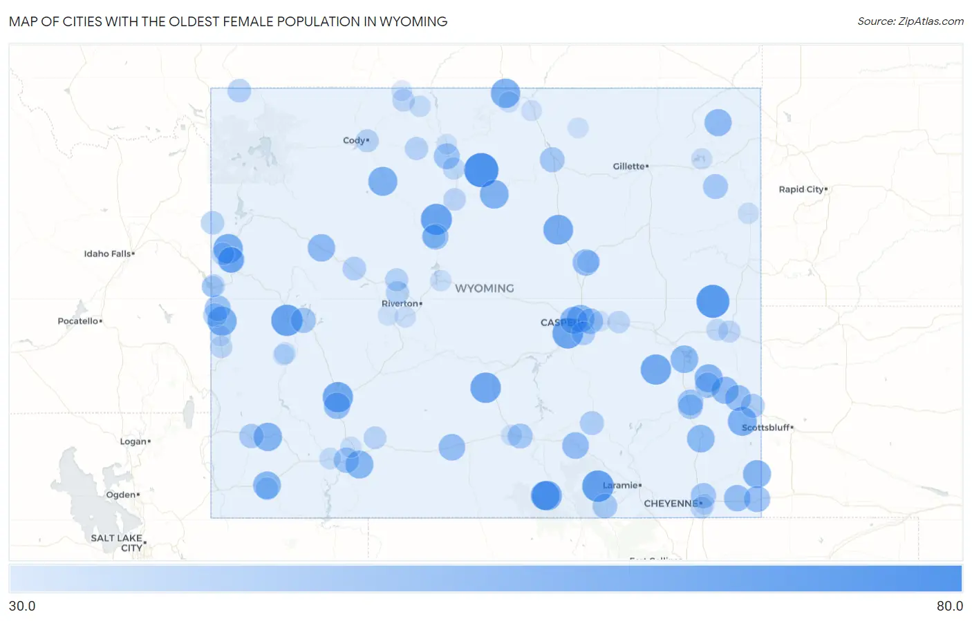 Cities with the Oldest Female Population in Wyoming Map