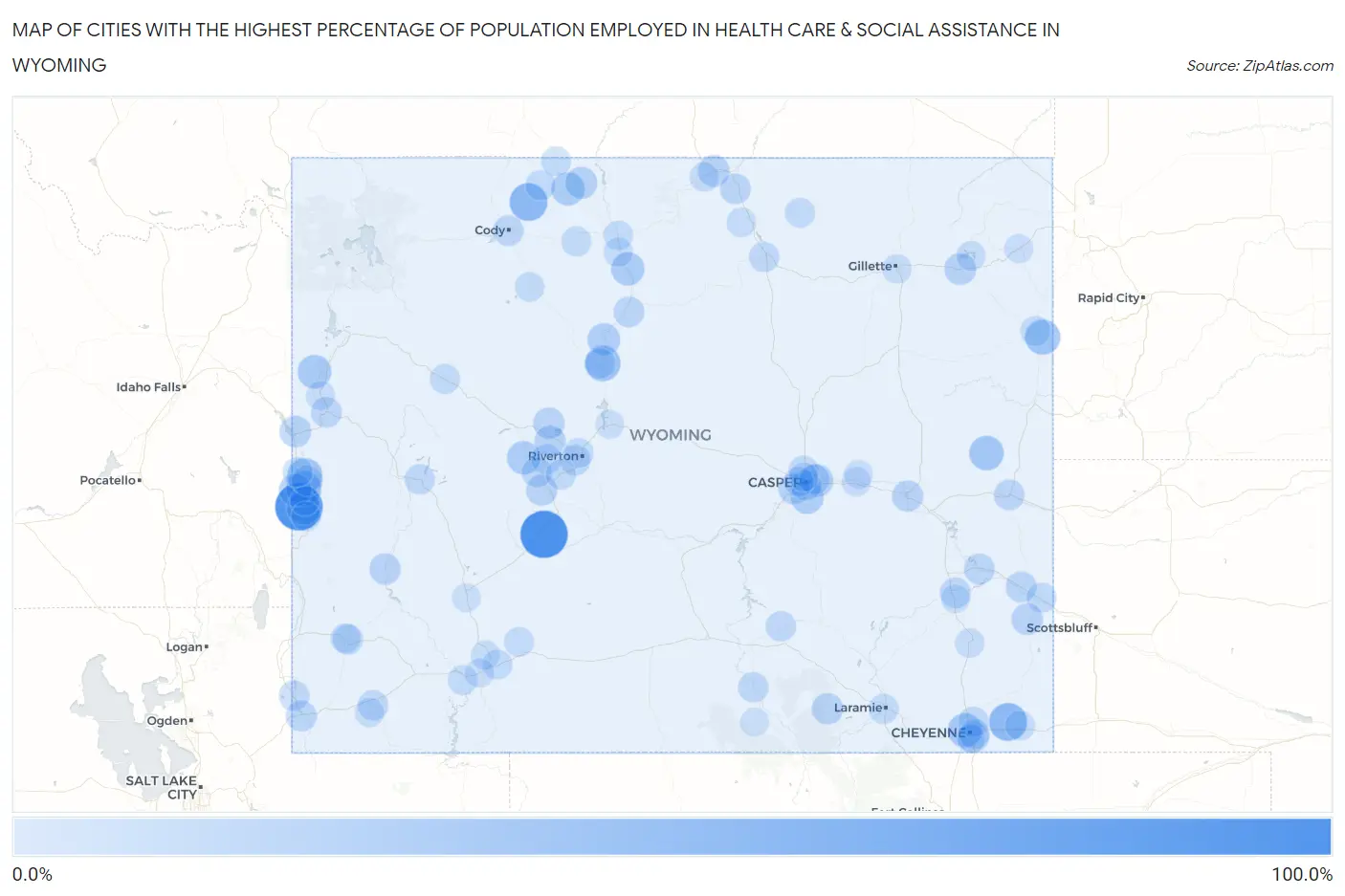 Cities with the Highest Percentage of Population Employed in Health Care & Social Assistance in Wyoming Map