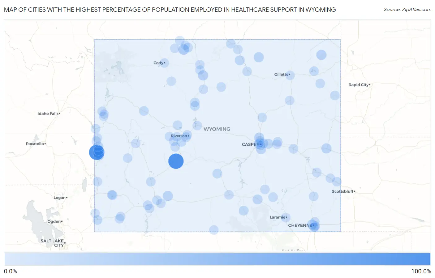 Cities with the Highest Percentage of Population Employed in Healthcare Support in Wyoming Map