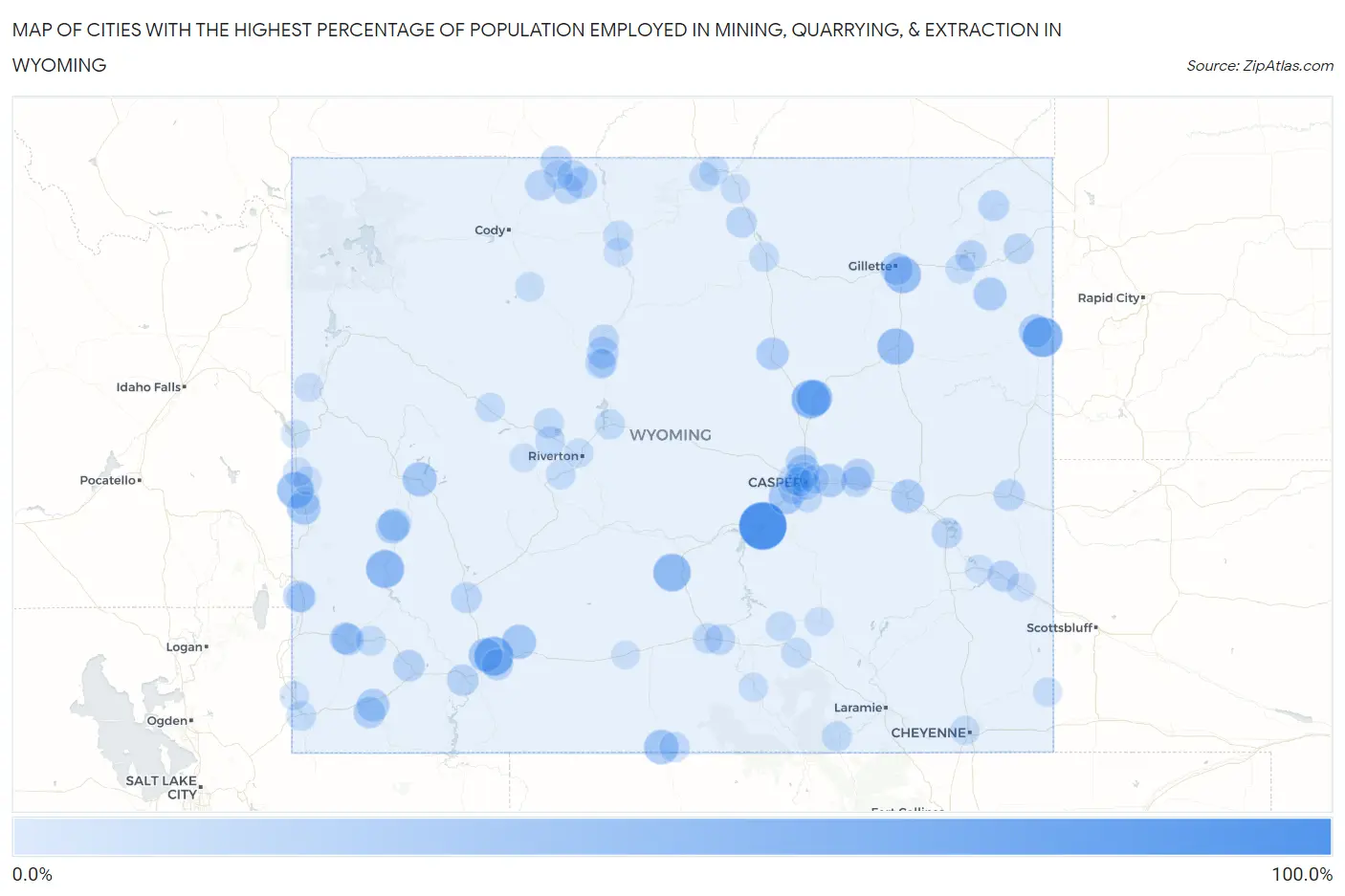 Cities with the Highest Percentage of Population Employed in Mining, Quarrying, & Extraction in Wyoming Map