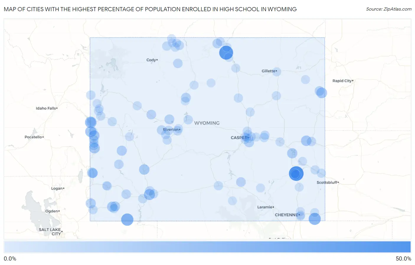 Cities with the Highest Percentage of Population Enrolled in High School in Wyoming Map