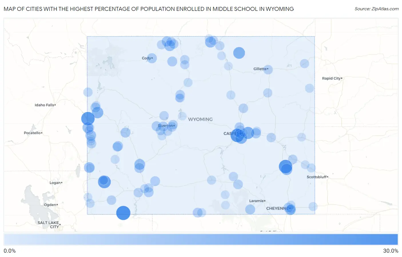 Cities with the Highest Percentage of Population Enrolled in Middle School in Wyoming Map
